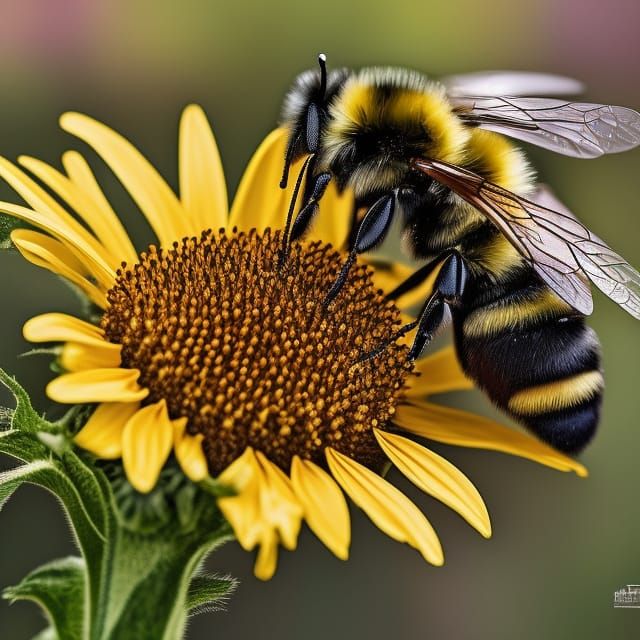 Bumblebee on Sunflower in Detailed Digital Art