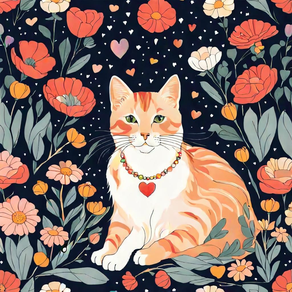 Cat Surrounded by Flowers and Heart Lights