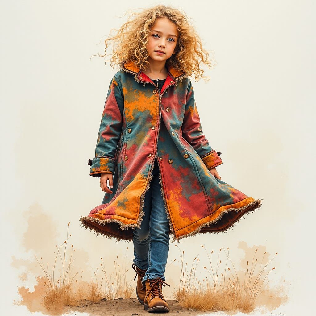 Girl in Coat of Many Colors, Watercolor Style