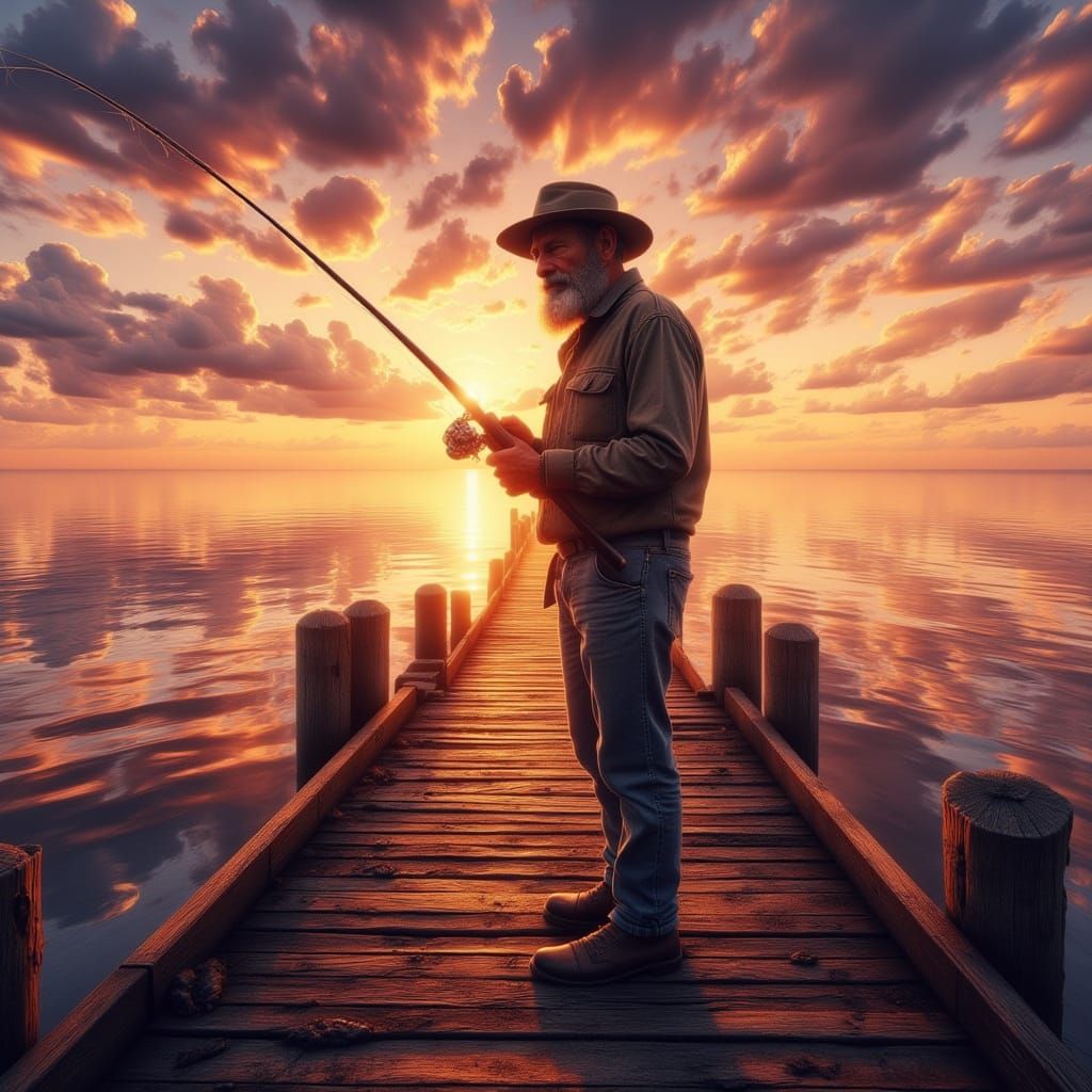 Fisherman at Dawn: Vibrant Sunrise Oil Painting