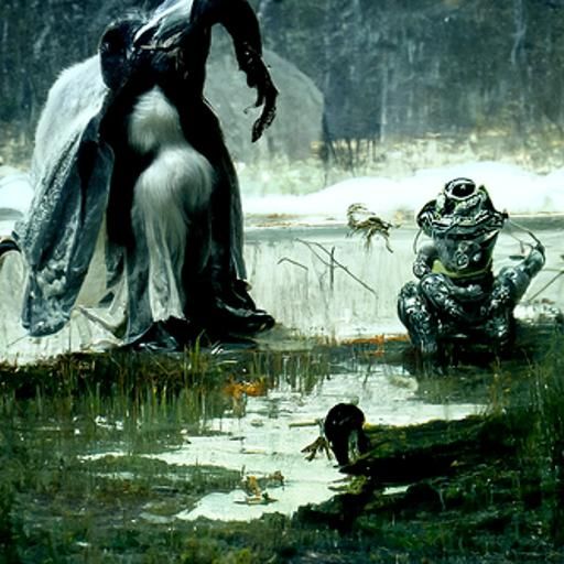 Woman and Frogs at Pond in Horror Style