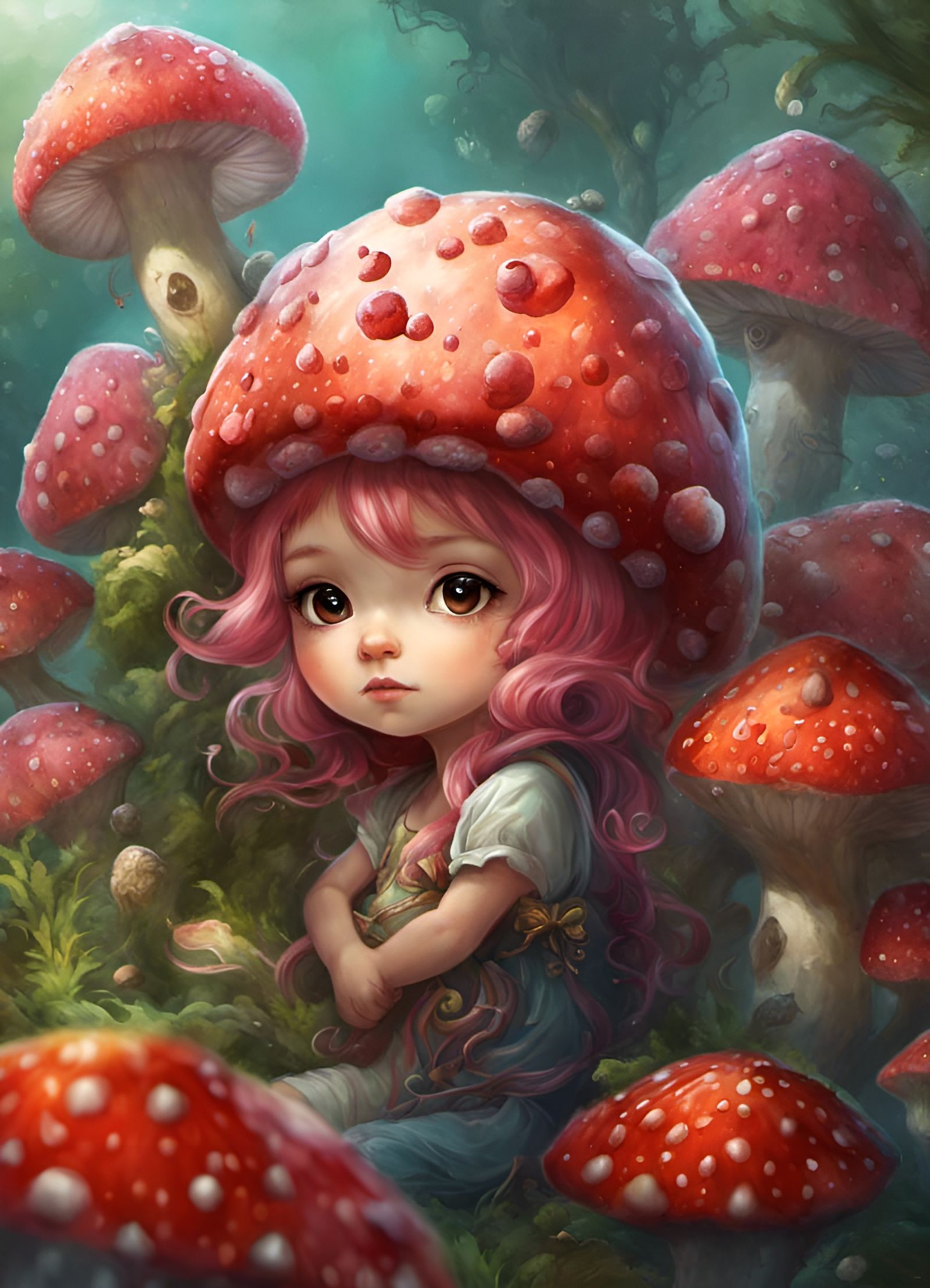 Chibi Strawberry Octopus in Fantasy Mushroom Reef