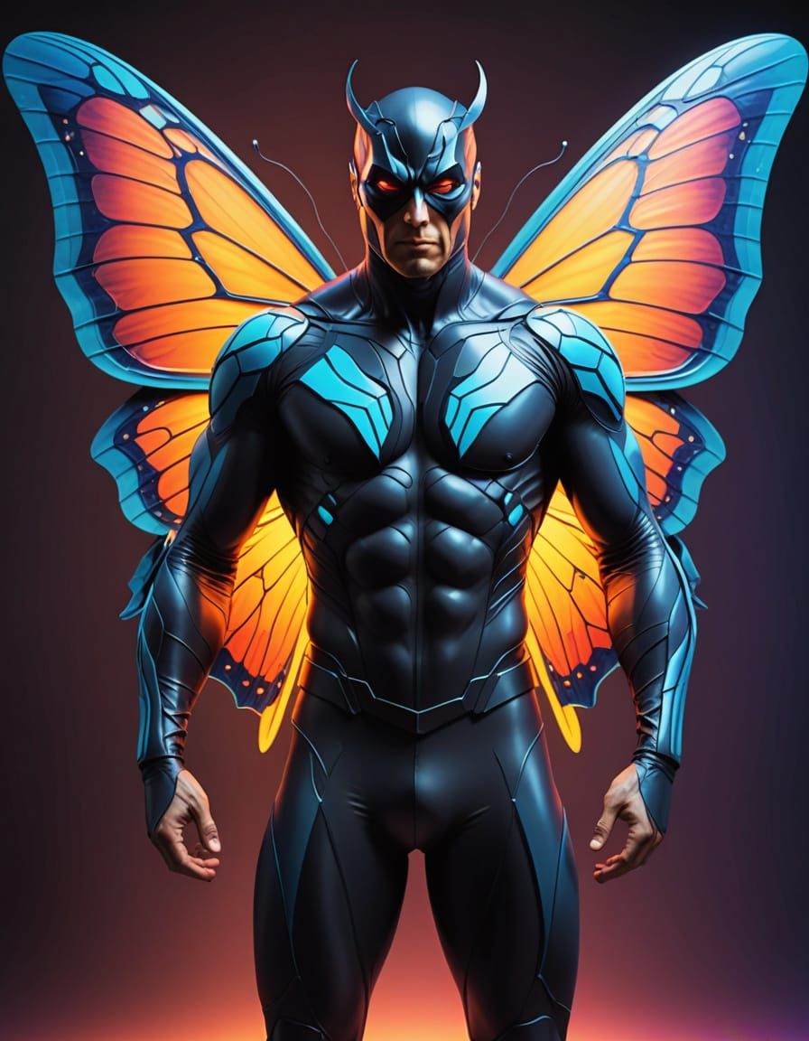 Surreal Butterfly Superhero Unfolds Cosmic Wings in Neon Hue...