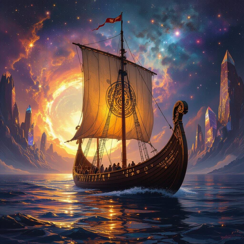 Viking Longship Sails Through Radiant Portal in Space Art