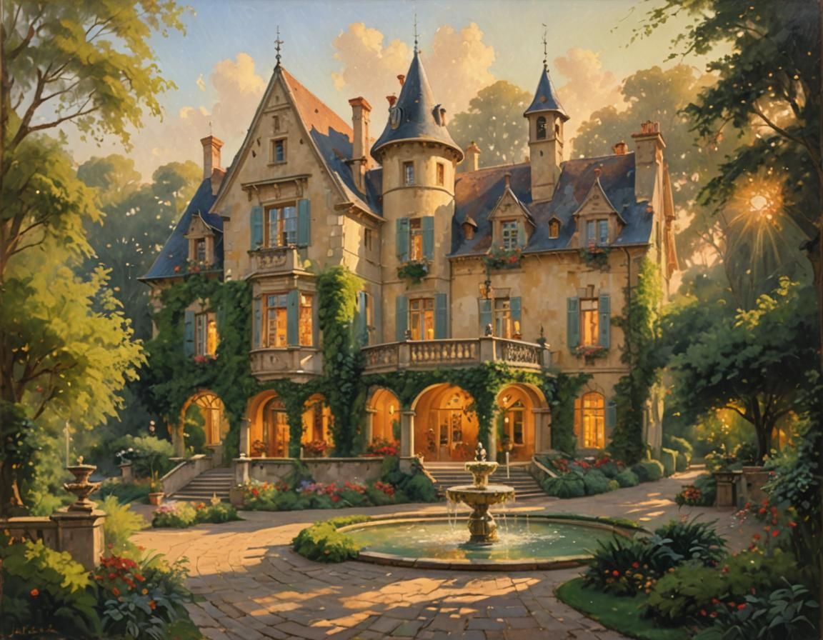 Chateau with Fountain in Park: Romantic Oil Painting