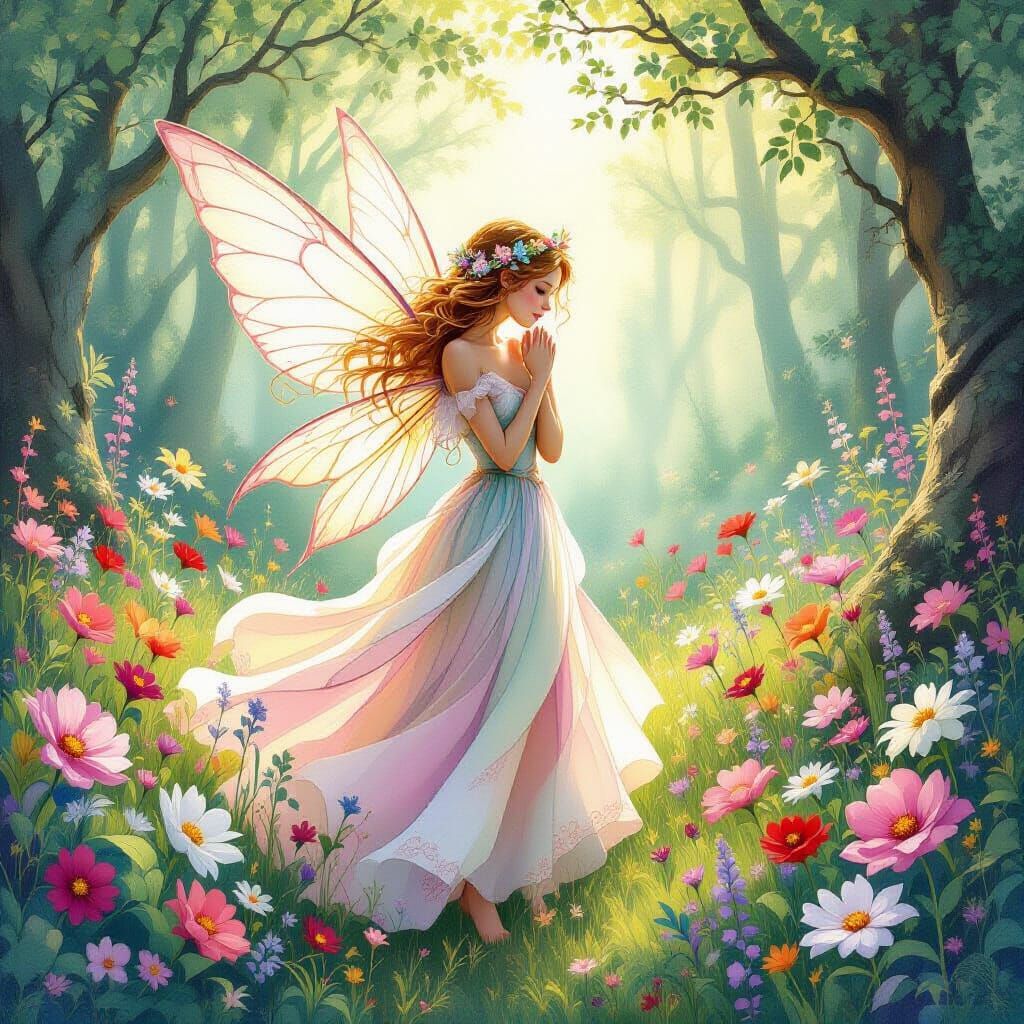 Whimsical Fairy in Lush Forest as Watercolor Art
