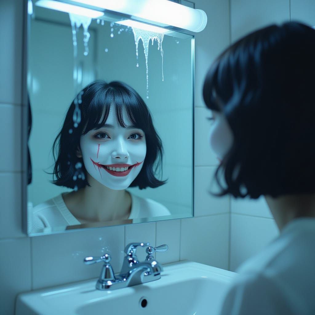 Eerie Bathroom Mirror Reflection in Horror Style