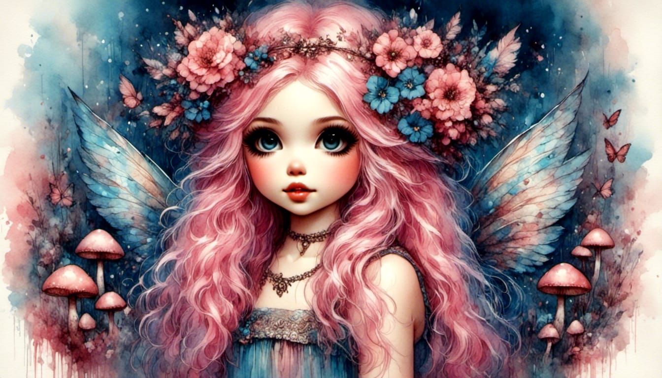 Pixie with Pink Hair in Mushroom Fairyland