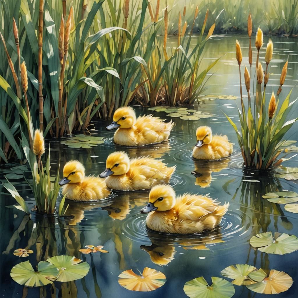 Watercolor Ducklings in Pond Concept Art