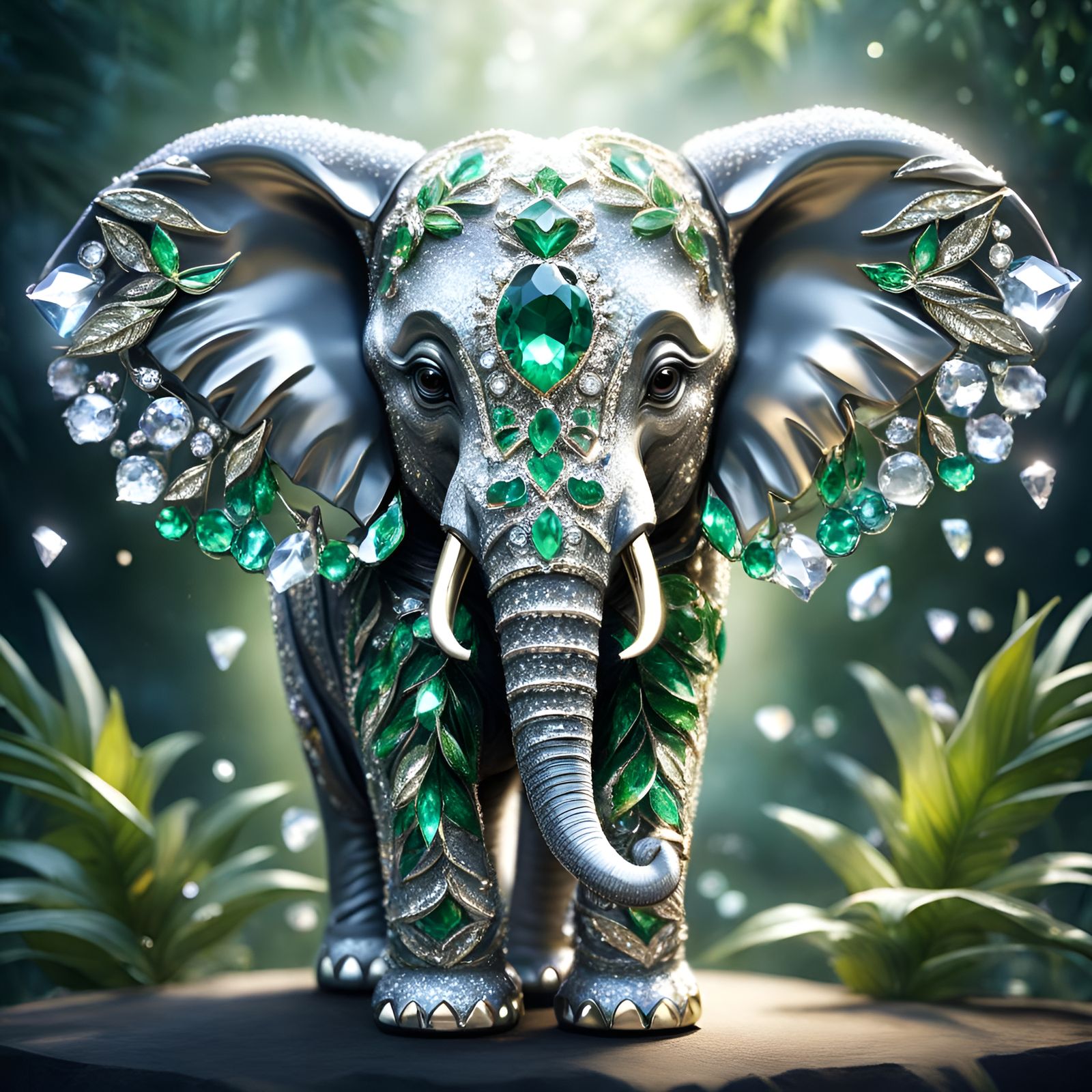 Crystalline Jeweled Elephant in Jungle Setting