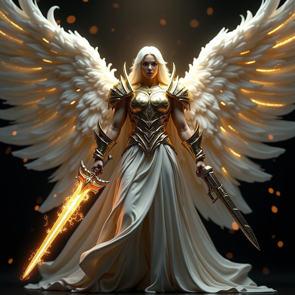Angel in Gold Armor with Sword and Pistol