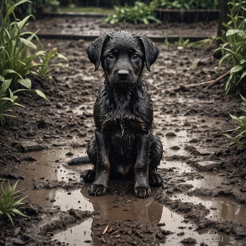 Sad Puppy in Rainy Garden: Hyperrealistic 4K Image