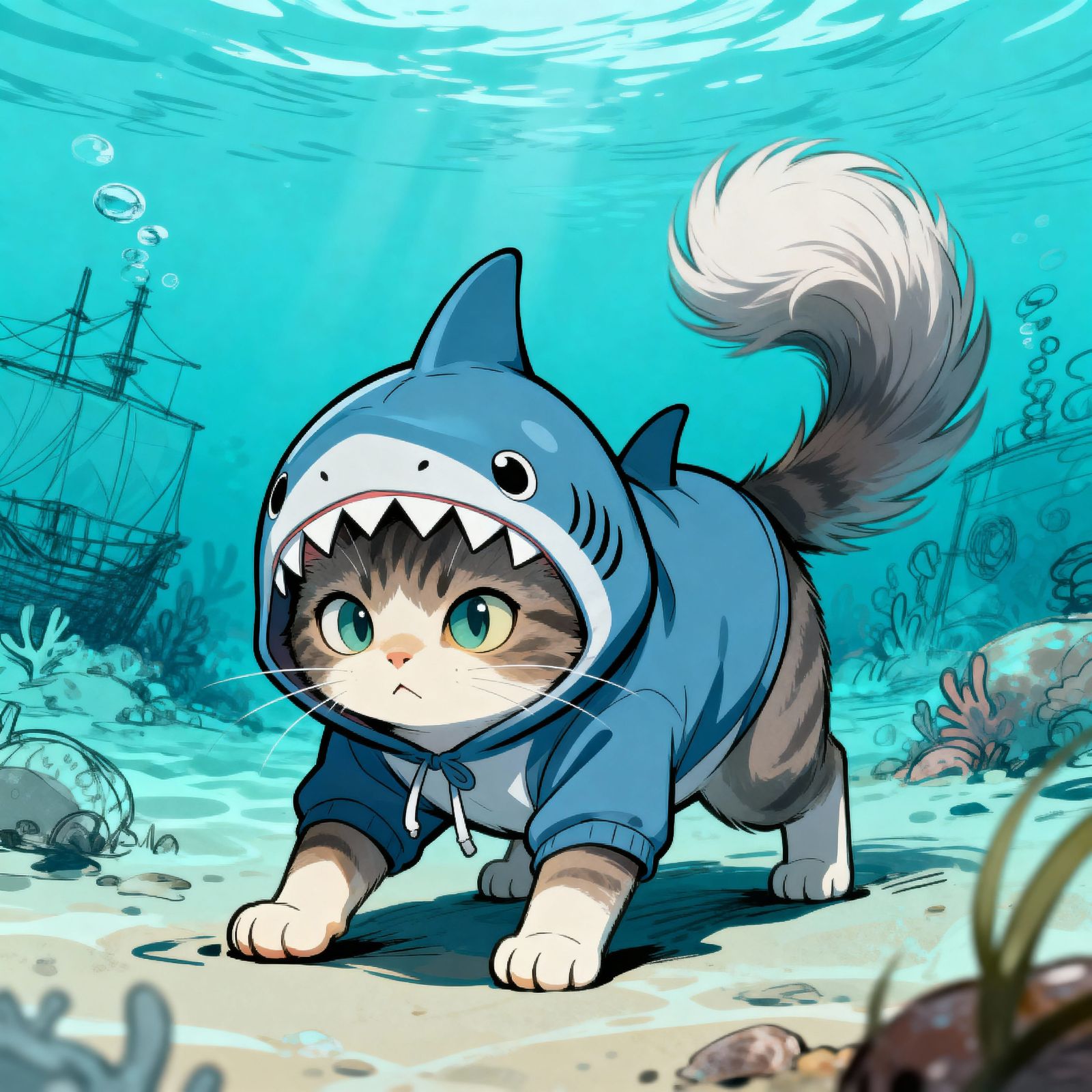 Adorable Cat in Shark Hoodie, Manhwa Style