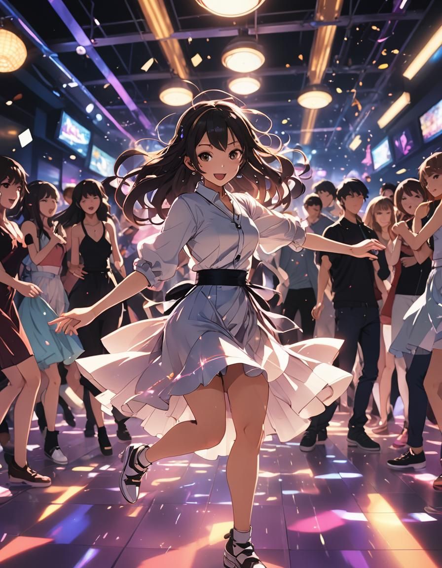 Anime Woman Dancing Under Strobe Lights