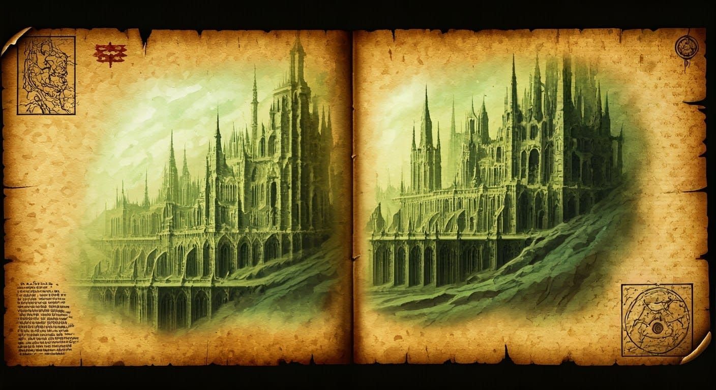 Gothic City Blueprints in Ethereal Watercolor Style