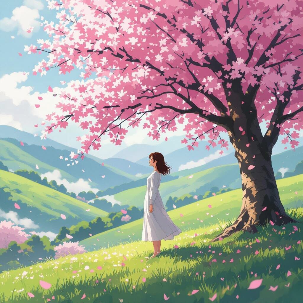 Woman Under Cherry Blossom Tree in Anime Style