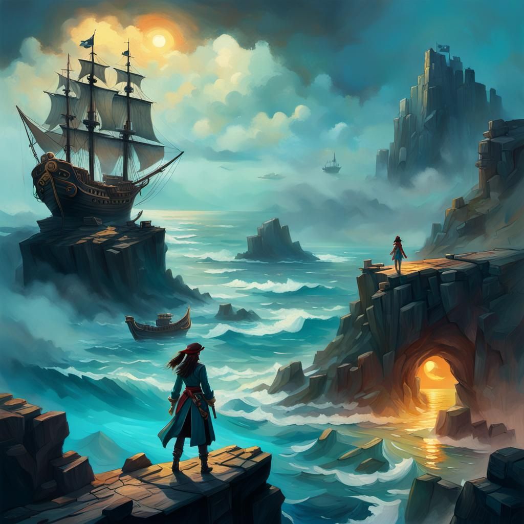 Girl with Pirates on Misty Cliff: Oil Painting