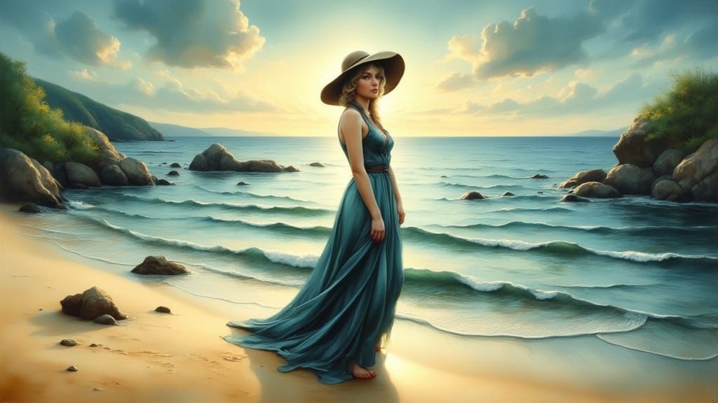 Elegant Woman Contemplates the Serene Sea in Golden Light