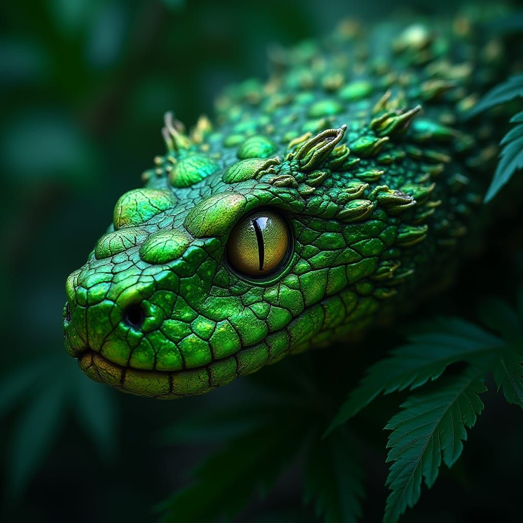 Surrealist Cannabis Leaf Snake Scales in Iridescent Green