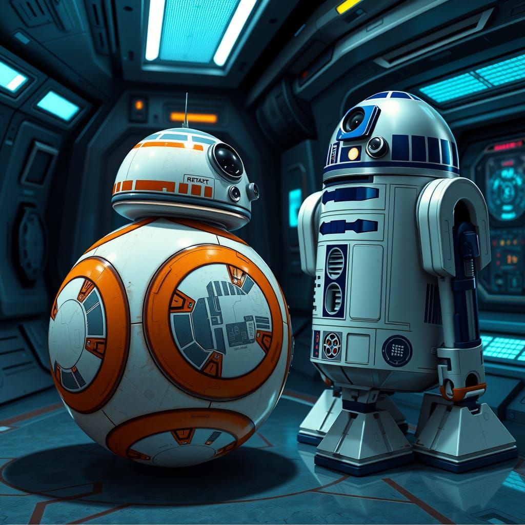 Droids Unite in Futuristic Space Ship Console Room