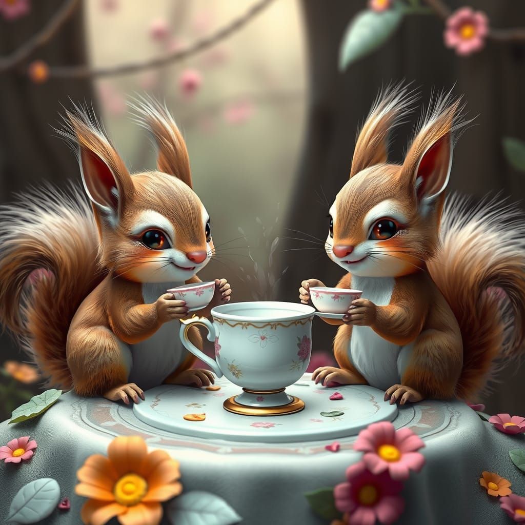 Kawaii Squirrels Tea Party: Adorable Artstation Painting