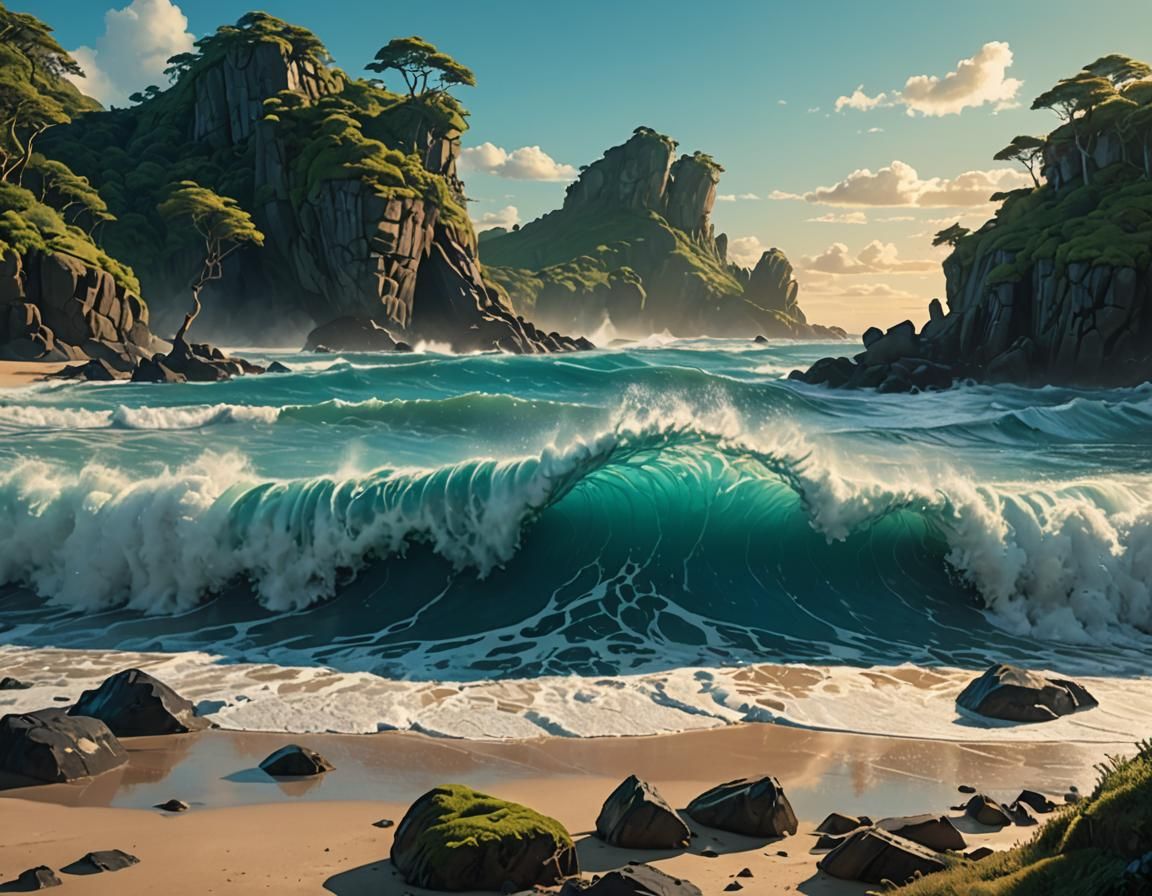 Tropical Wave Crashing on Island Beach