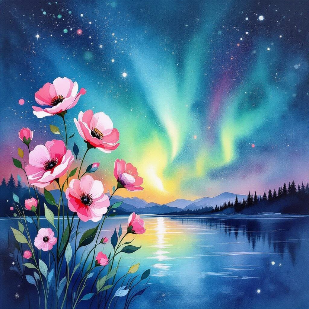 Flowers Blooming Under Aurora in Watercolor Style