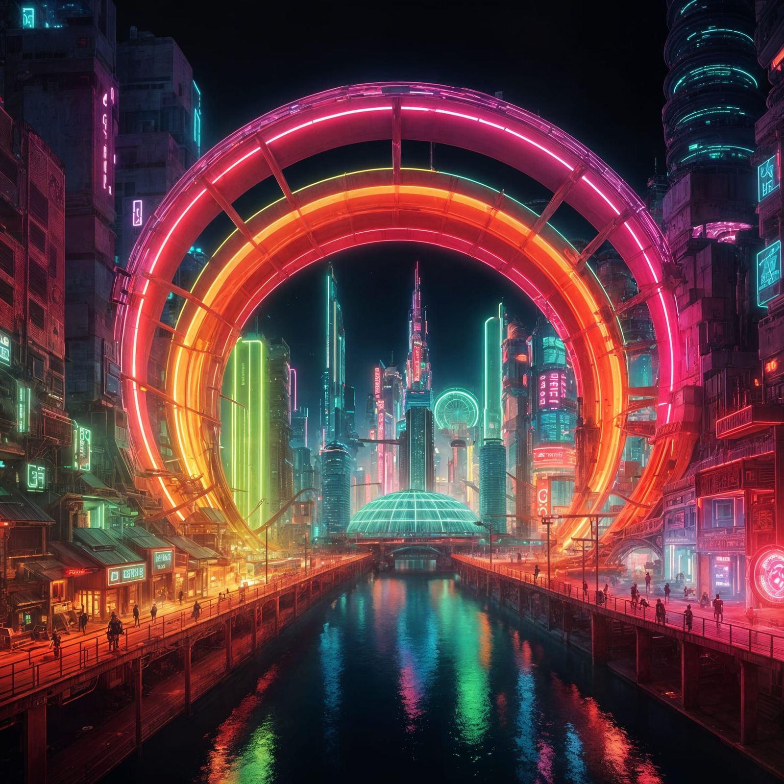 Futuristic Neon City Inside Rotating Wheel