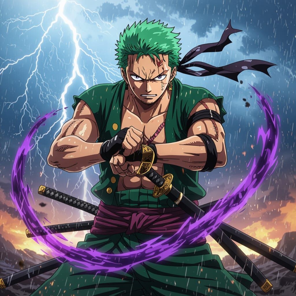 Roronoa Zoro with Swirling Energy, Cinematic Style