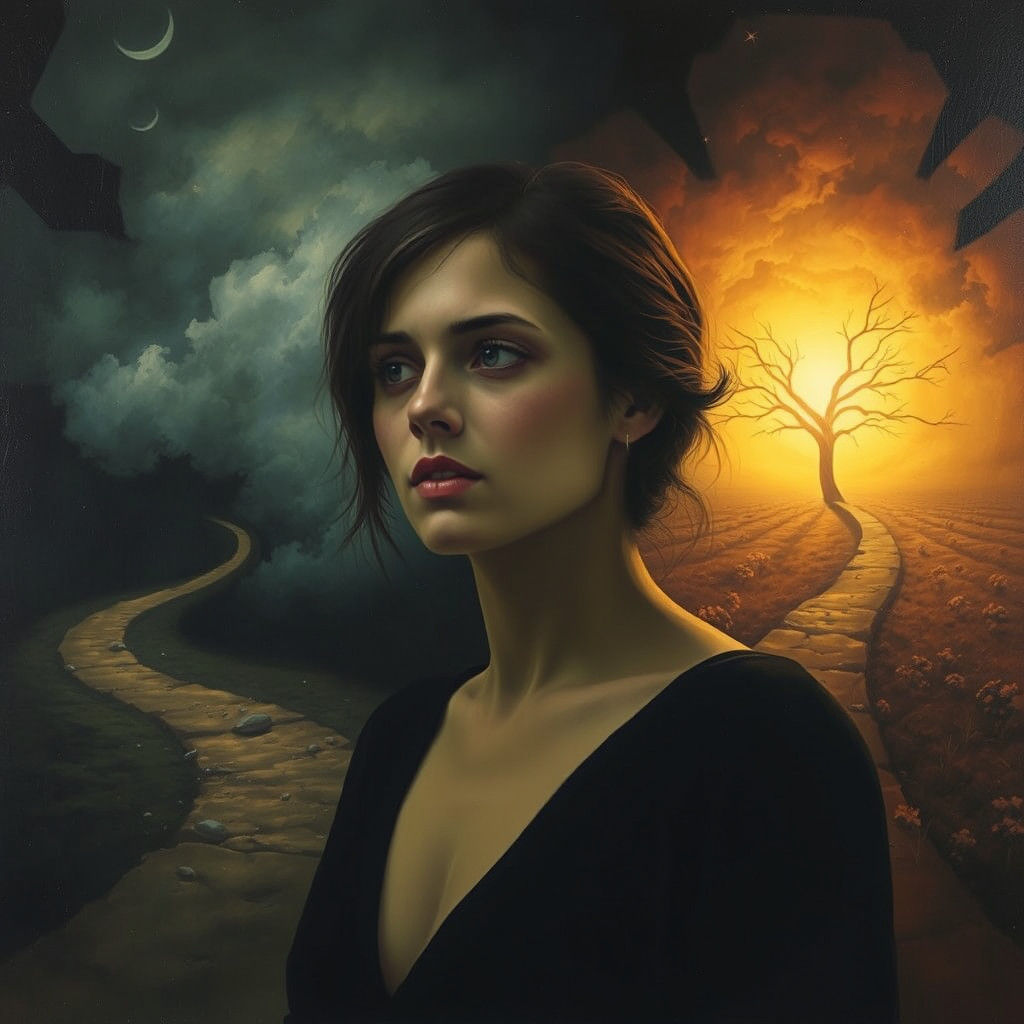 Woman at Crossroads: A Surreal Symbolist Vision