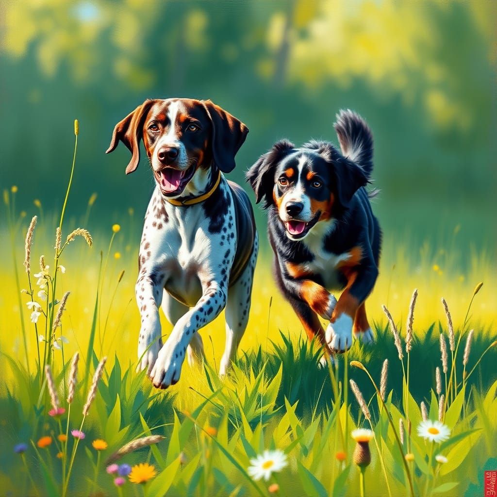 Canine Friends in a Lush Green Meadow