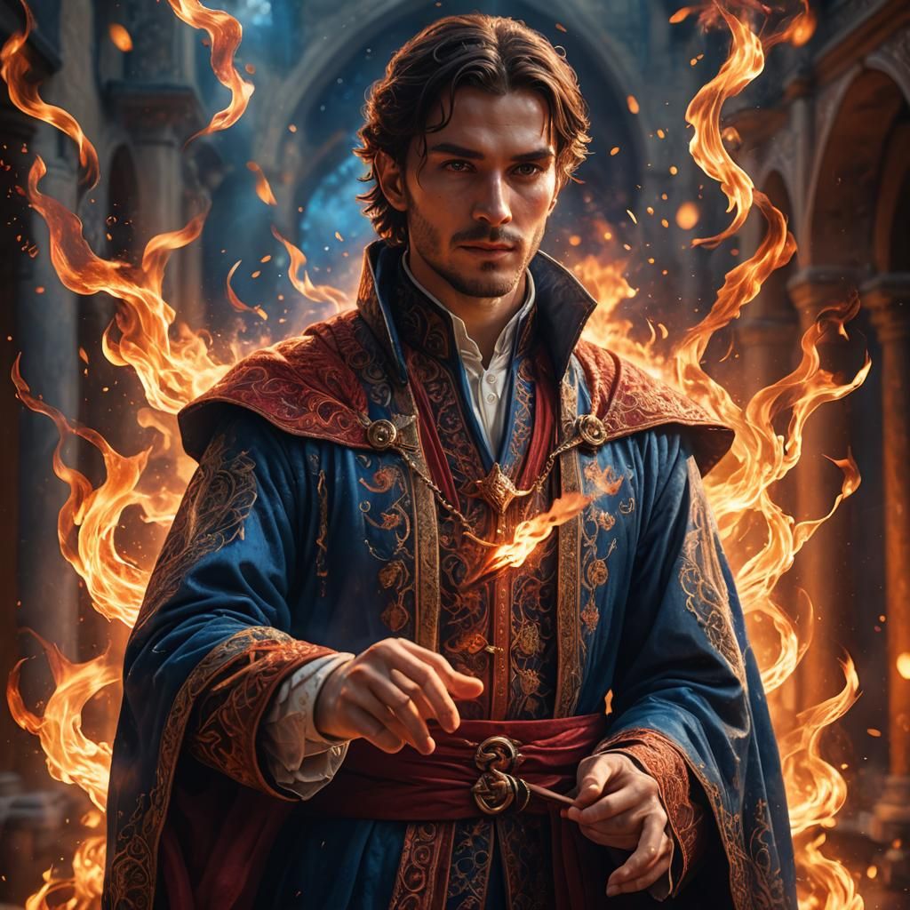 Young Magician Conjuring Flames: Anime-Inspired Fantasy Art