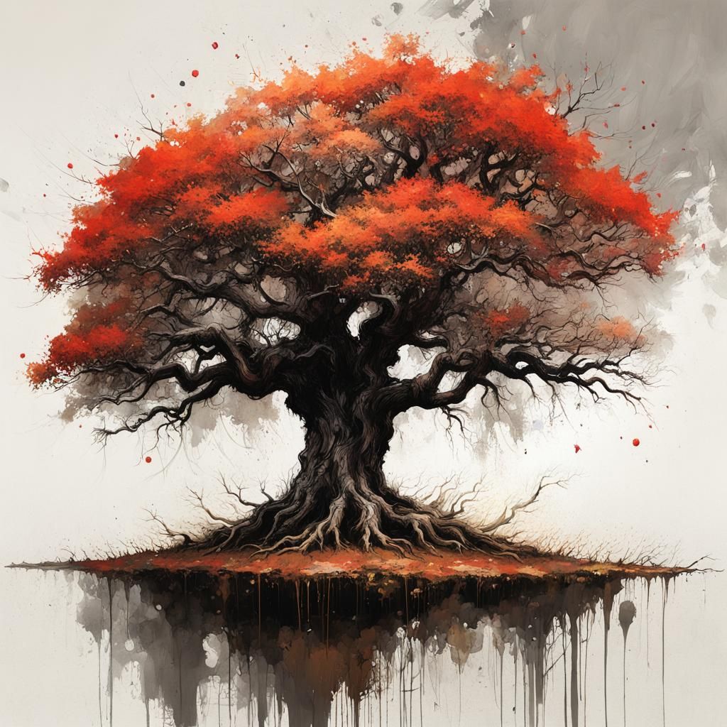 Iconic Tree in Speedpaint Style with Ink Splatters