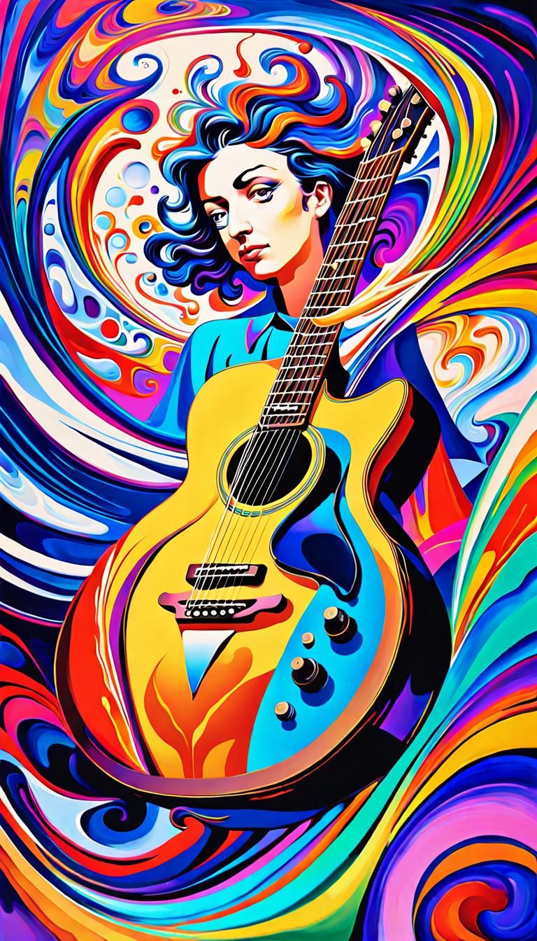 Musician Plays Fuzz Guitar in Surreal Oil Painting