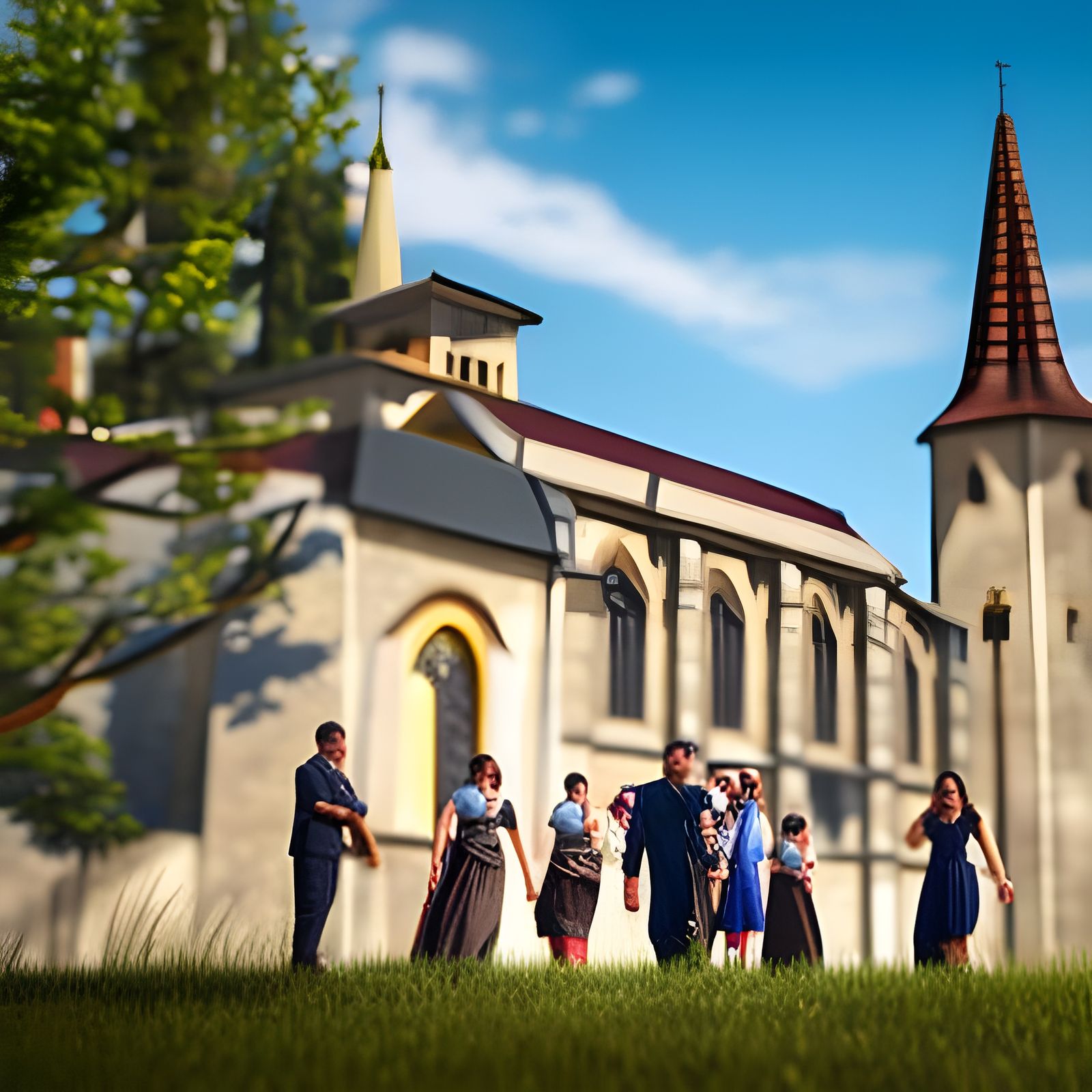 Modern People Gather in Front of Church: Digital Art