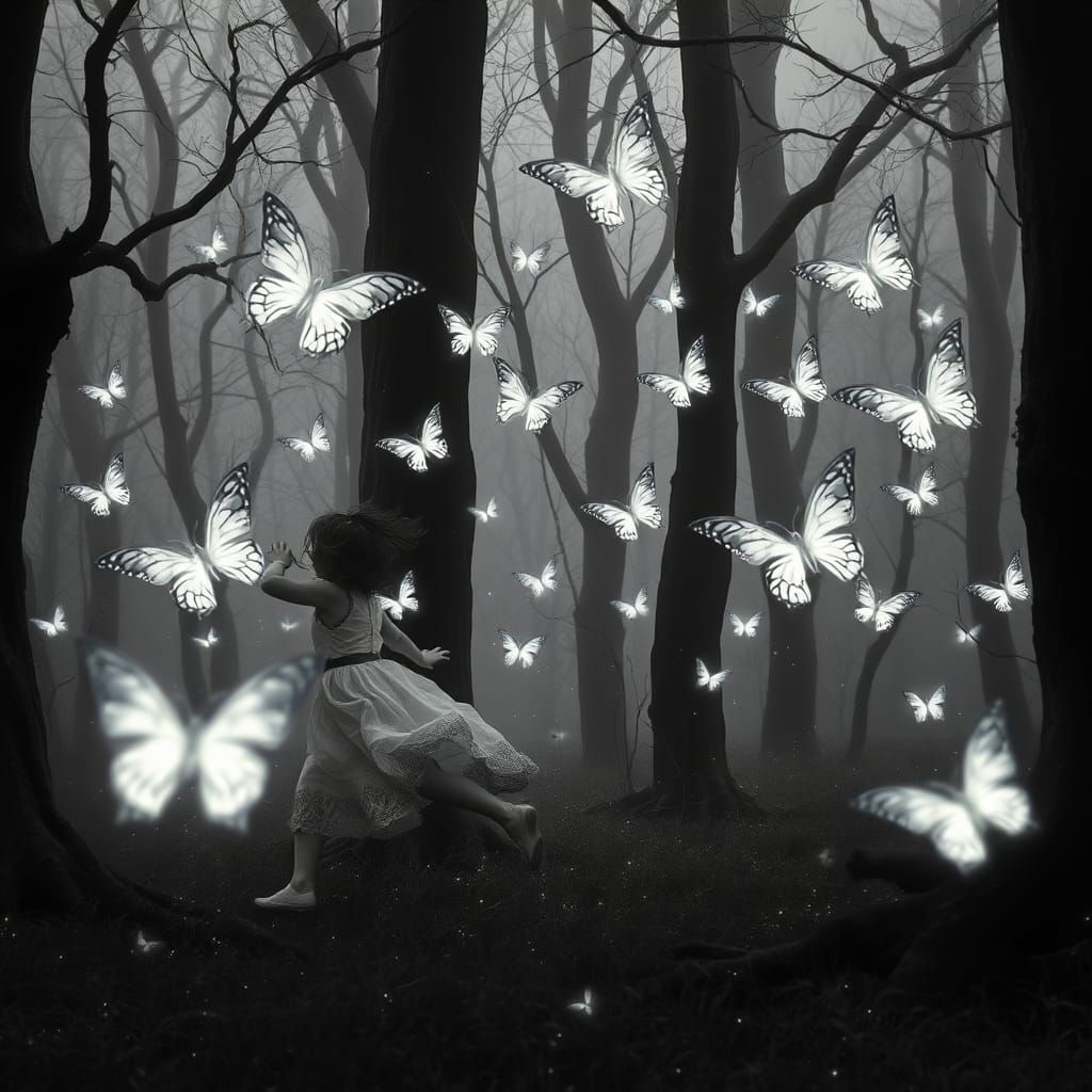 Whimsical Monochromatic Scene of a Girl Running in Woods wit...