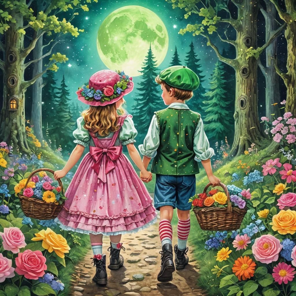 Hansel and Gretel Stroll Under a Green Celestial Night