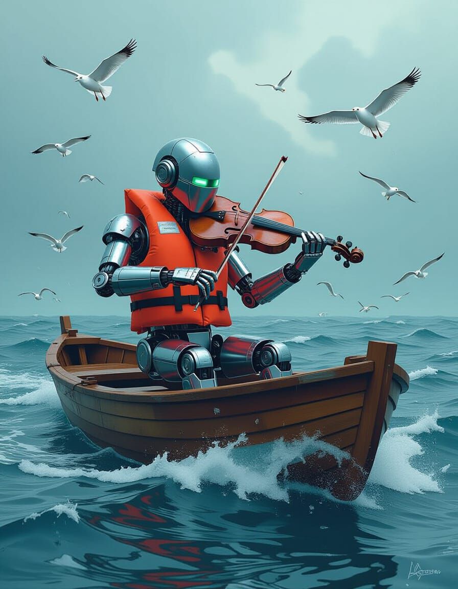 Robot Plays Violin on Stormy Sea, Dark Surrealism
