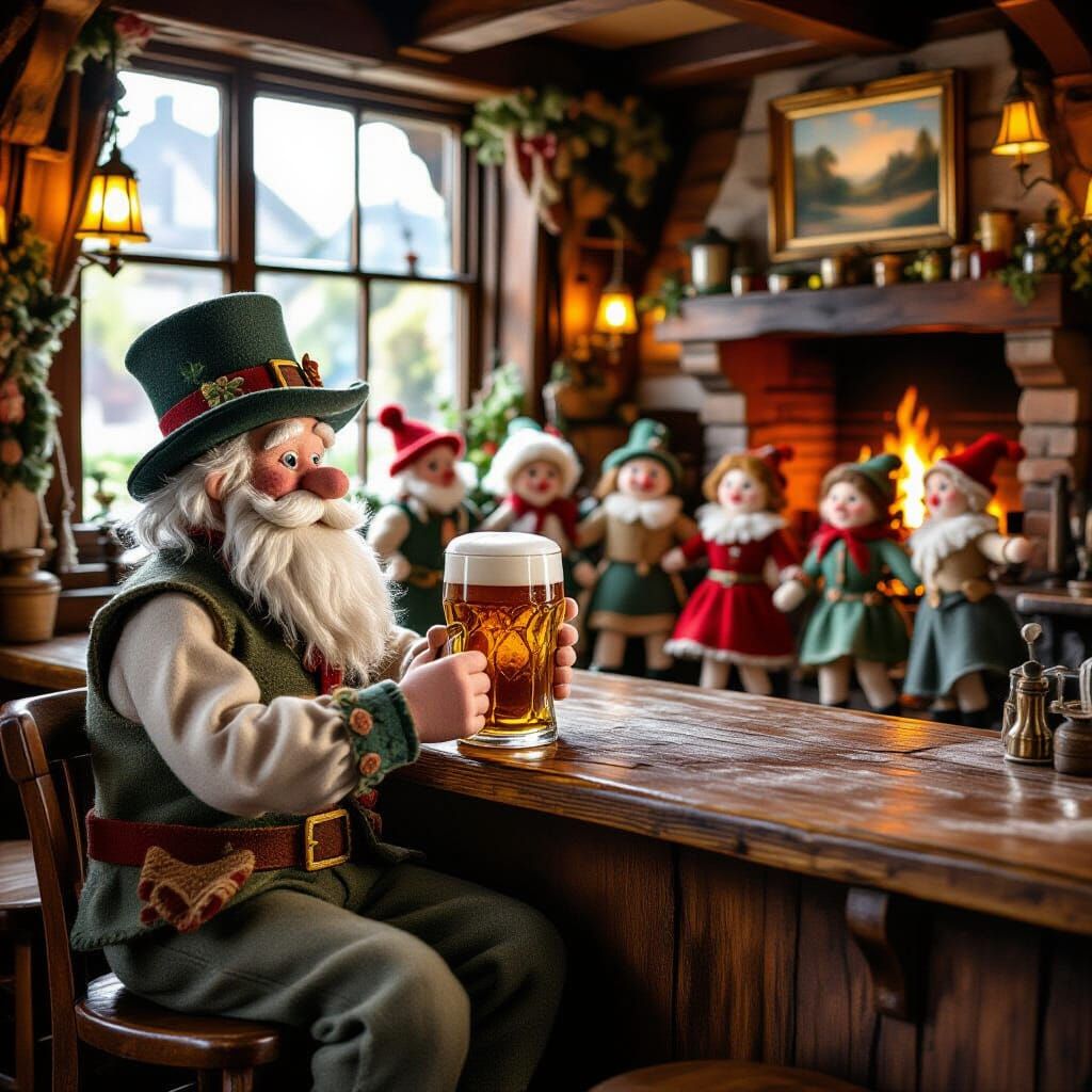 Felt Irishman at a Cozy Pub with Dancing Figures