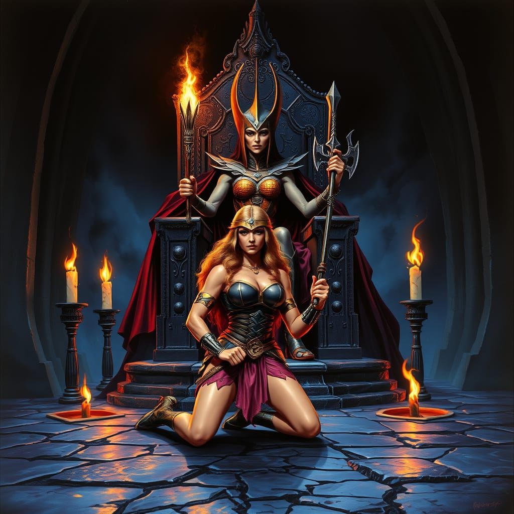 Teela Kneels Before Evil-Lyn in Dark Fantasy Realm