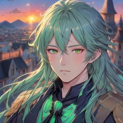 Anime Man with Green Eyes on Rooftop