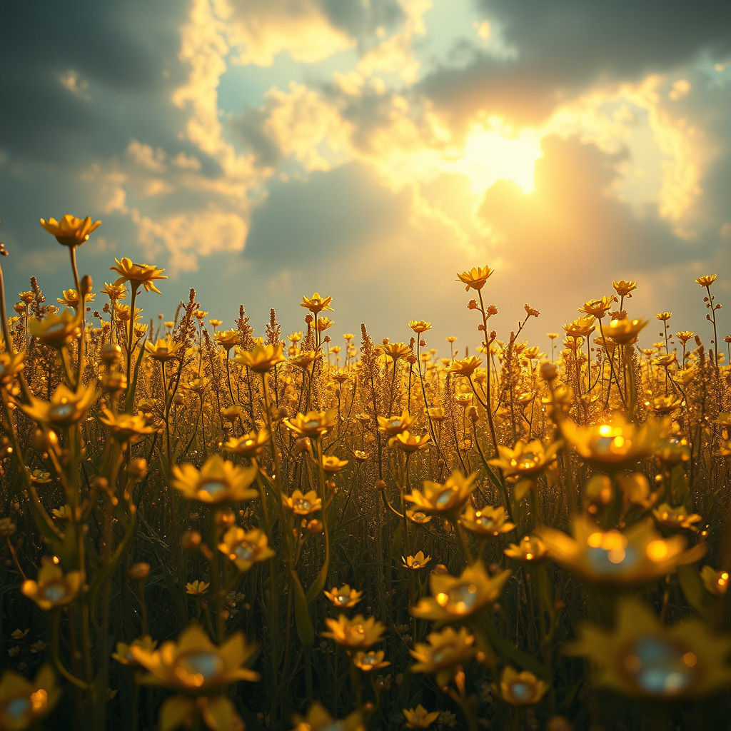 Golden Flower Field with Diamonds: Digital Matte Painting