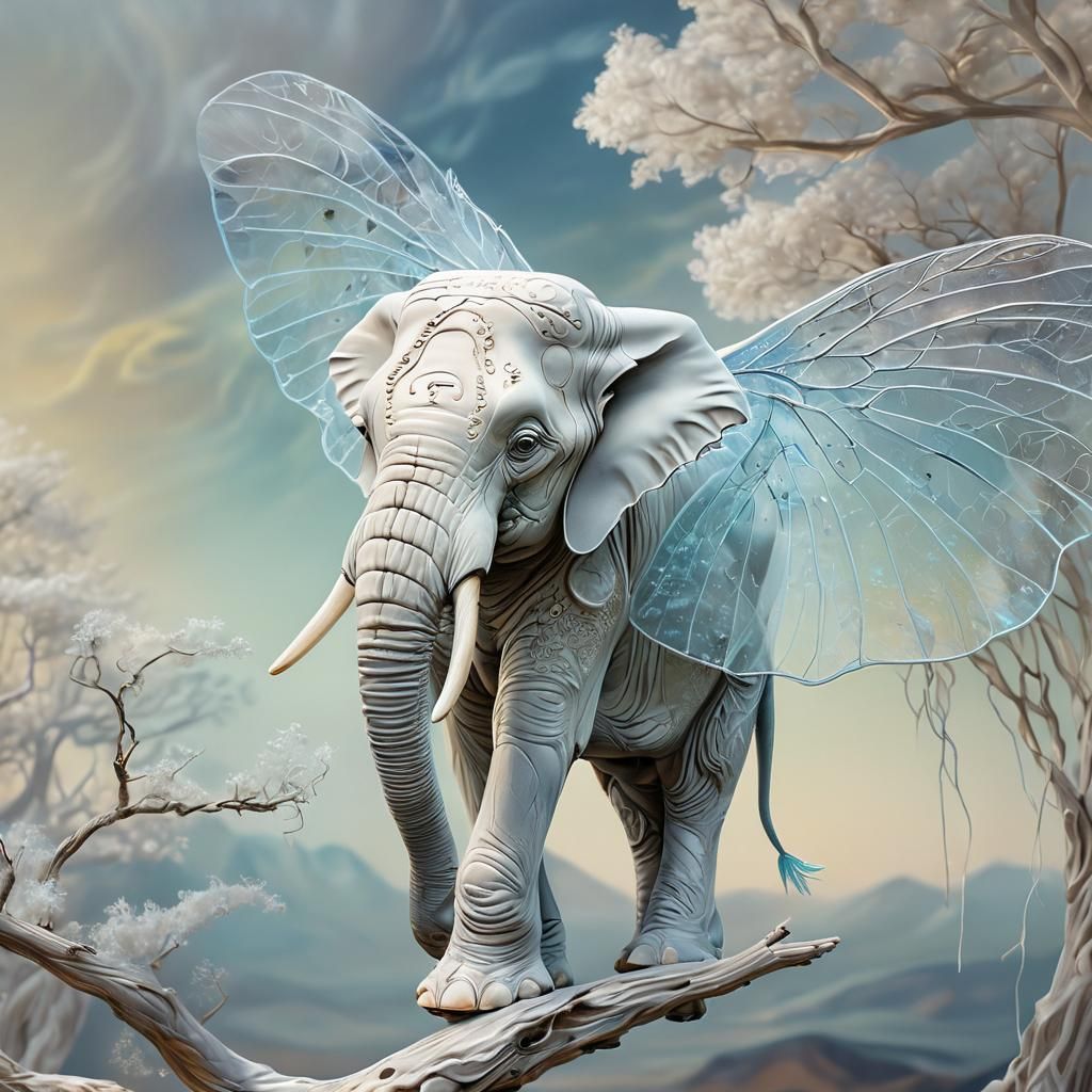 Surreal White Elephant with Iridescent Wings