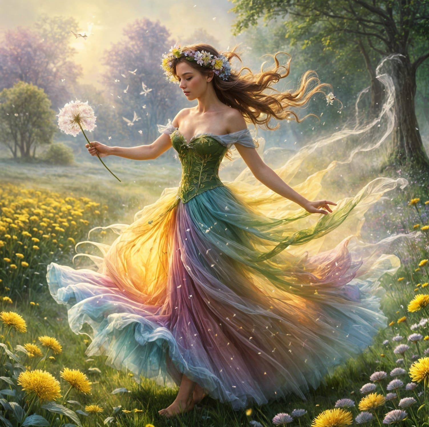 Magical Fairy Swept by Colorful Wind