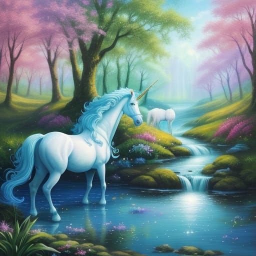 Unicorns Drinking in a Whimsical Fantasy Oil Painting