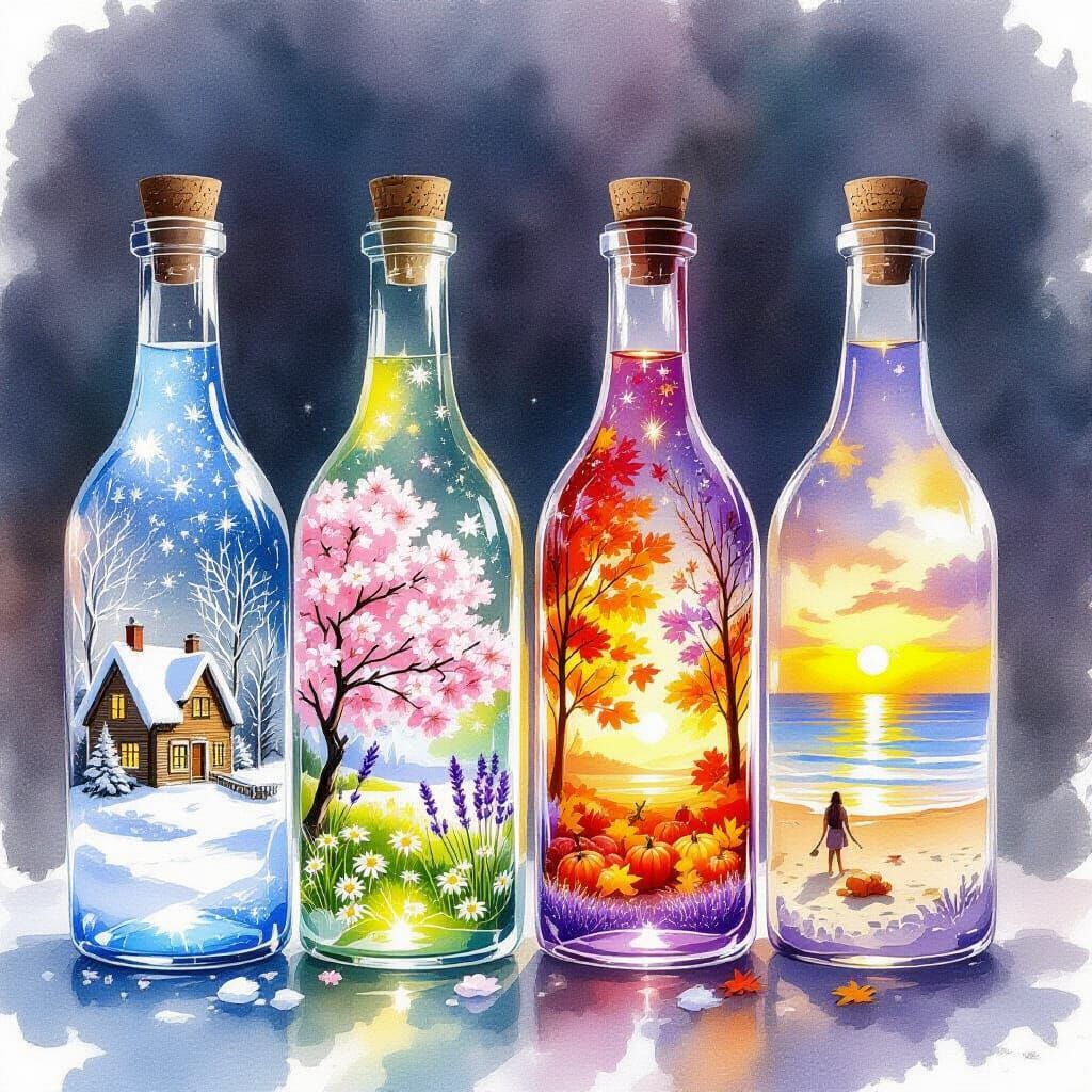 Four Seasons In Bottles Watercolor Painting