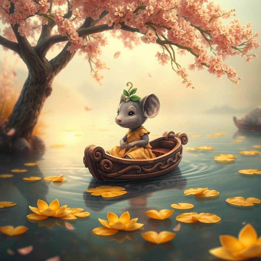 Whimsical Mouse in Autumnal Boat Scene