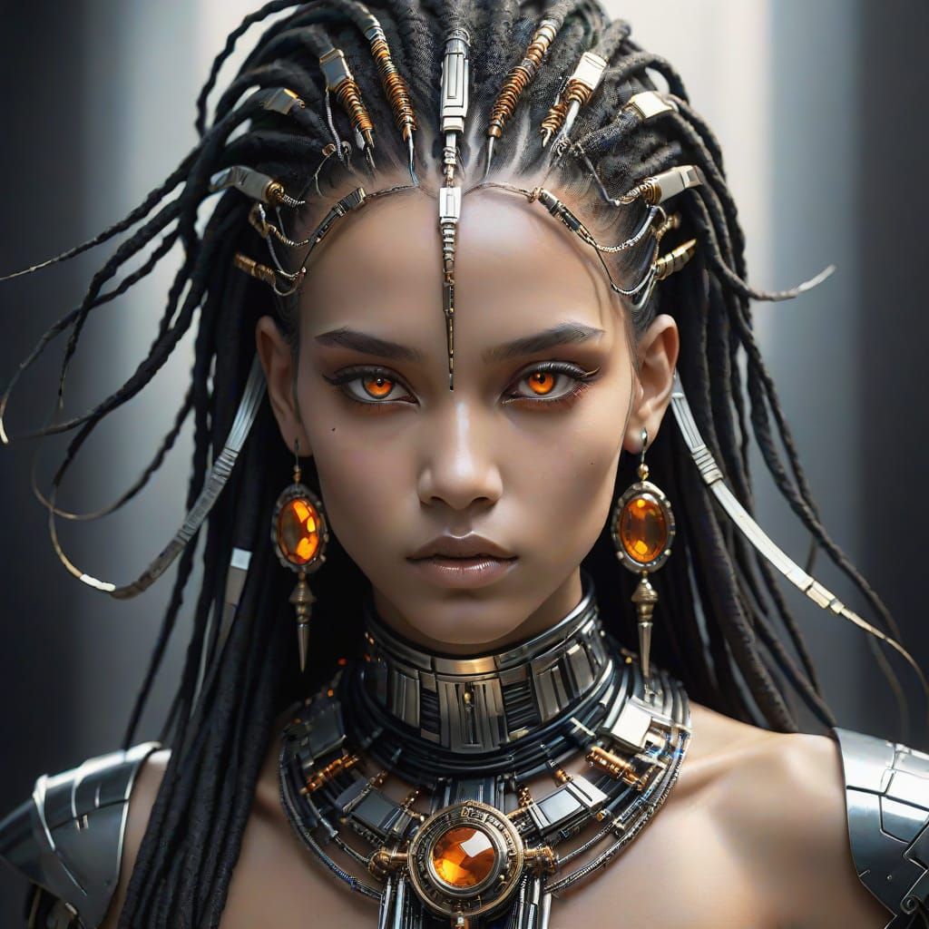 Cybernetic Warrior Portrait with Silver and Black Aesthetics