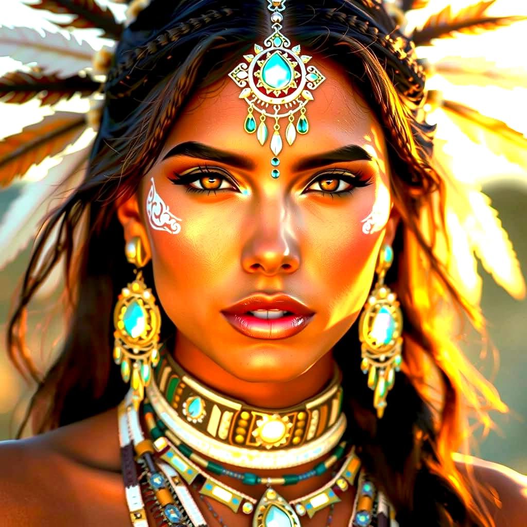 A hot woman in traditional Native American clothing, adorned...