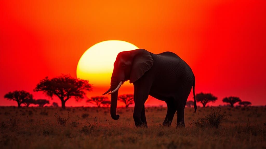 African Elephant Silhouette at Sunset, Cinematic Photography